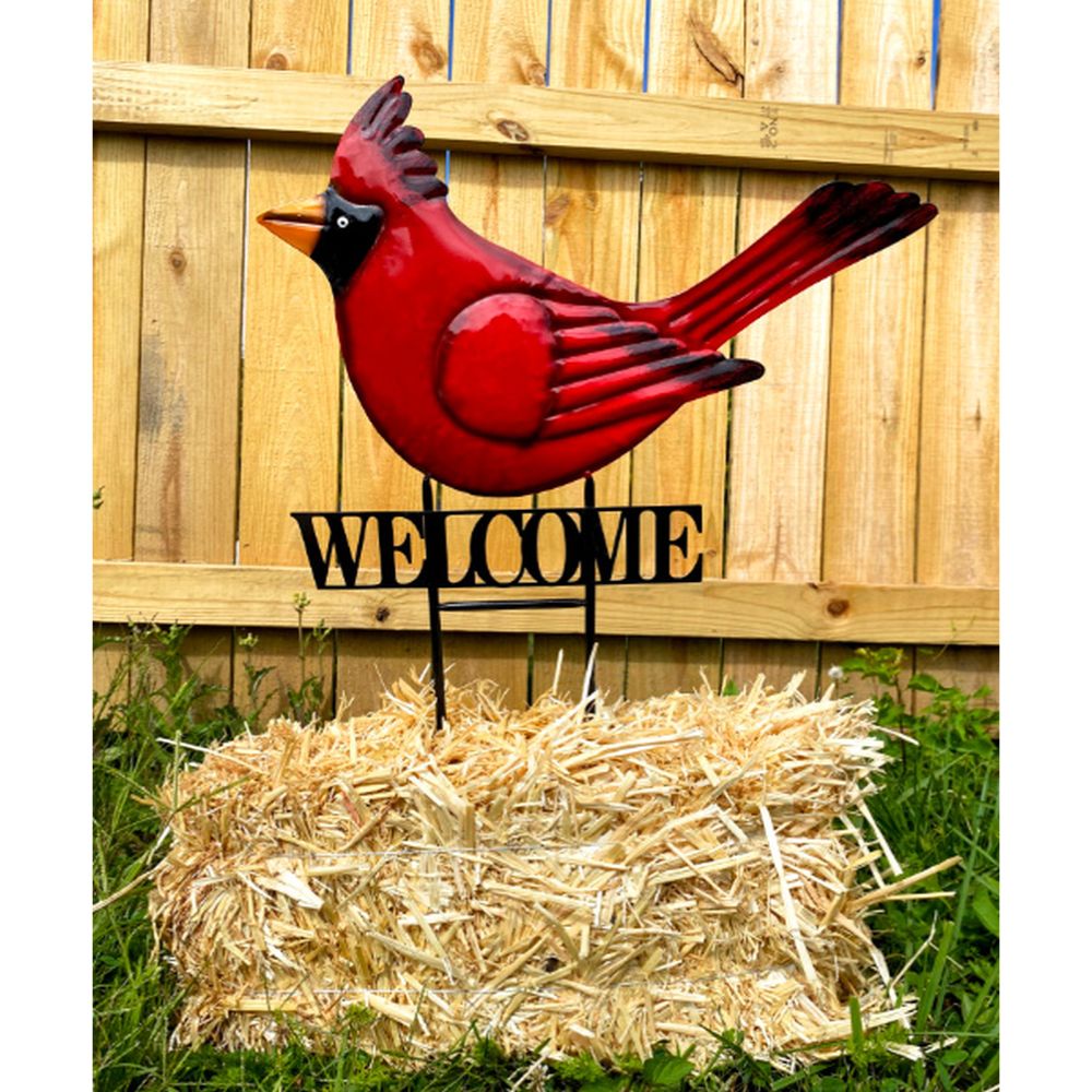 Metal Red Cardinal Welcome Yard Art